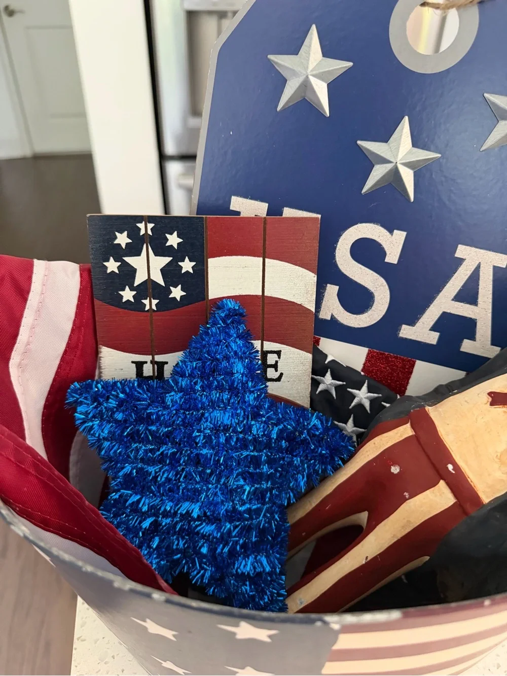 Patriotic Blue and Red Americana Decorative Bucket - Home Accents